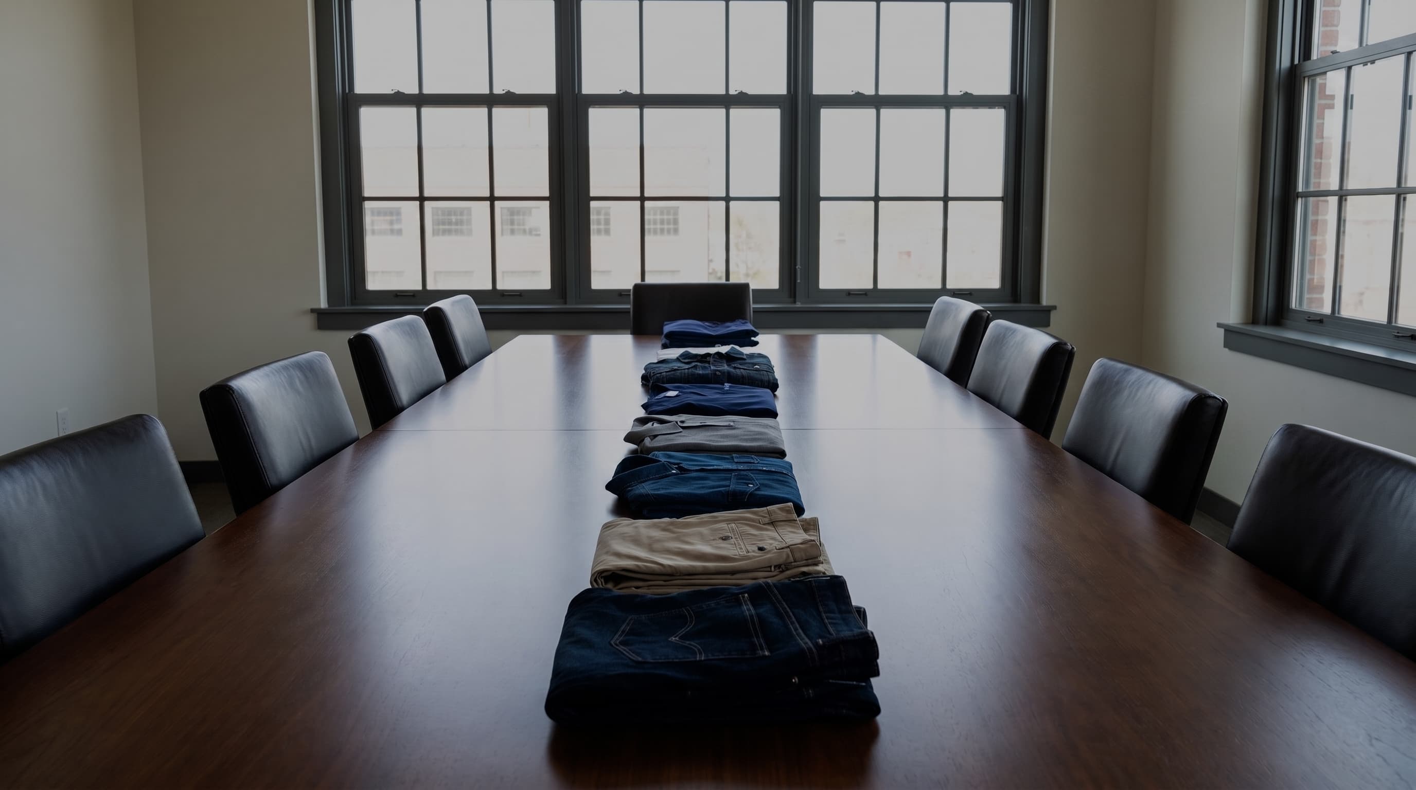 A boardroom table with the range laid down its length — jeans, chinos, a denim shirt, knitwear and a folded jacket — under a wall of windows