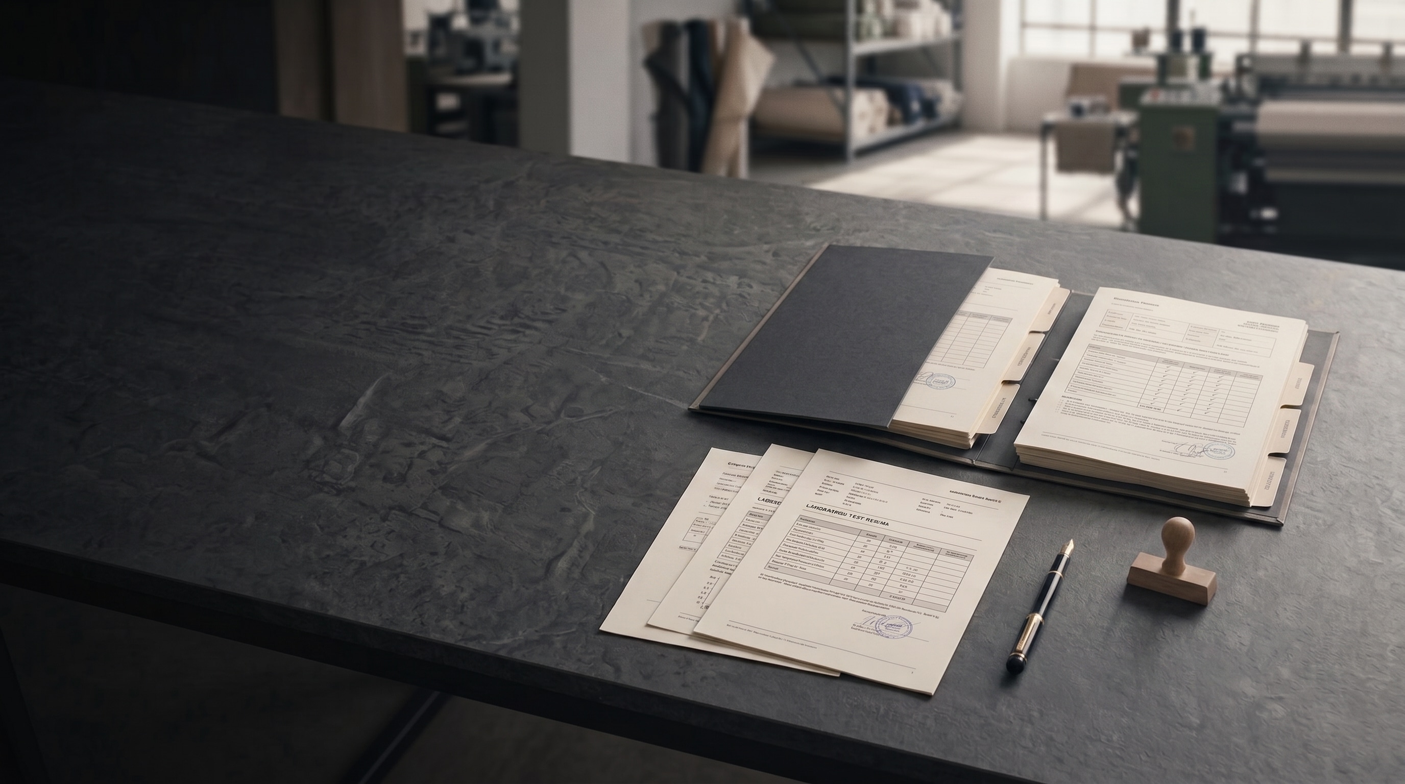 An open compliance dossier on a dark worktable — stamped audit reports and lab test results, a pen and a seal stamp beside them, the production floor beyond