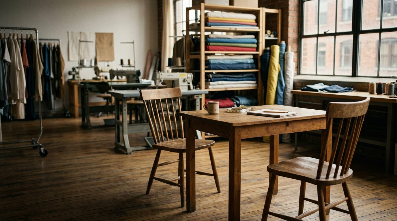 Two chairs facing each other across a worktable in the studio