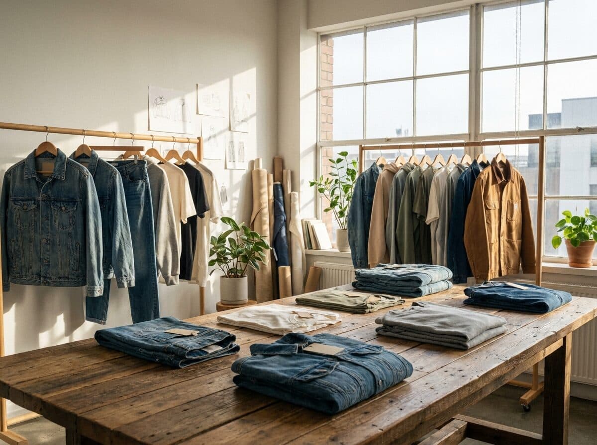 A private-label capsule — washed denim and knits in a sunlit studio