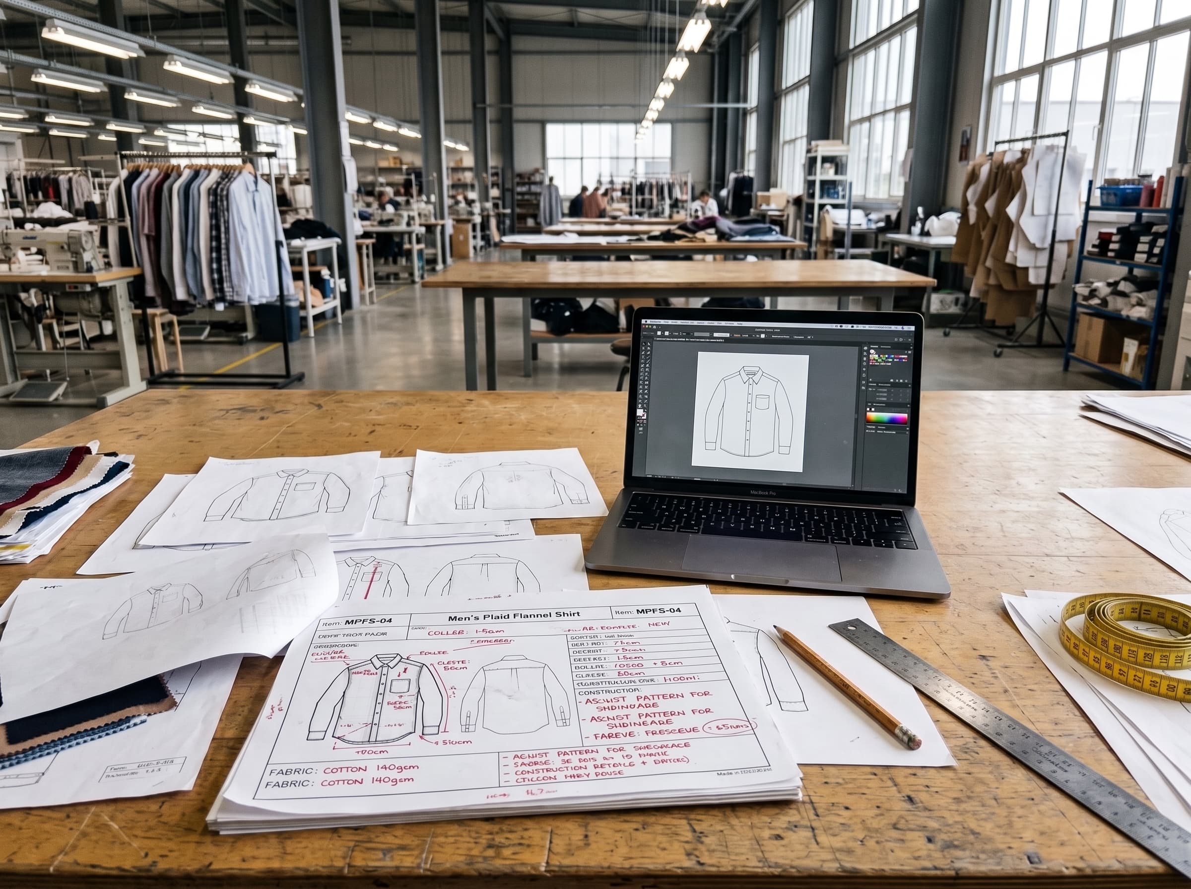 A design worktable — shirt sketches and a marked-up tech pack spread beside a laptop, tape measure and rule, the sample floor beyond